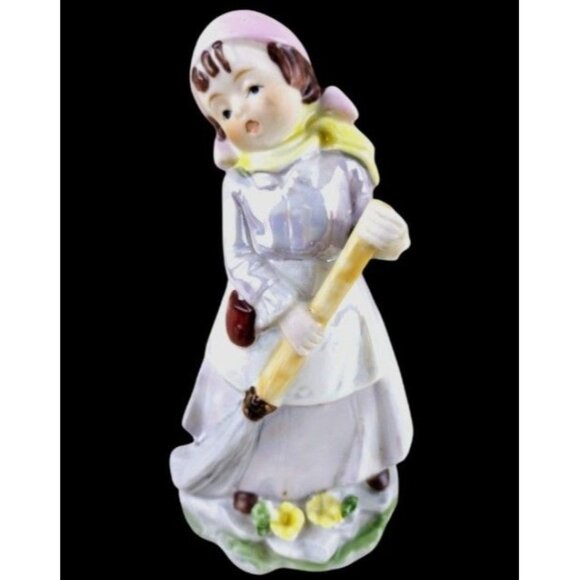 Vintage Morrison Porcelain Girl Figurine Sweeping with Broom Lusterware Finish - Picture 2 of 12